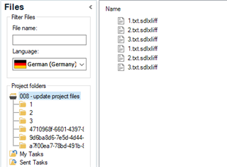 Screenshot of Trados Studio displaying an updated file structure with additional alphanumeric subfolder names under the '008 - update project files' folder. Language remains German (Germany).