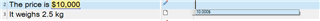 Screenshot of Trados Studio with a red error line under 'The price is $10,000' and a TM suggestion 'It weighs 2.5 kg'.