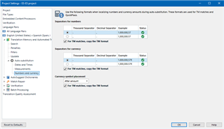 Screenshot of Trados Studio Project Settings with options for 'For TM matches, copy the TM format' and 'Auto-substitution' settings.
