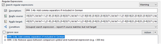 Trados Studio error message showing 'ERR: 3.4b: Add comma separators if included in German' with a warning symbol in the 'Regular expressions' section.