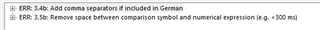 Close-up of Trados Studio error messages 'ERR: 3.4b: Add comma separators if included in German' and 'ERR: 3.5b: Remove space between comparison symbol and numerical expression e.g. >100 mg'.