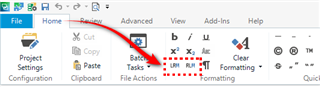 Trados Studio screenshot showing the Home tab with a red box highlighting the 'BiDi Marks' button in the toolbar.