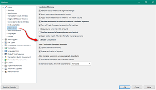 Trados Studio options menu with 'Lookahead' feature highlighted and an arrow pointing to the checkbox to turn it off.