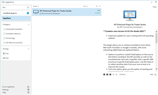 Screenshot of Trados Studio appstore page showing MT Enhanced Plugin for Trados Studio with a note stating 'Important update for Trados Studio 2021 users'.