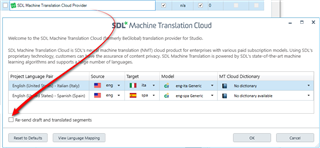 Screenshot of SDL Machine Translation Cloud settings with a red arrow pointing to the 'Project Languages' section, highlighting the source and target language options.