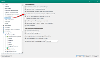 Screenshot of Trados Studio options menu with a red arrow pointing to the 'Translation Memory' settings, highlighting various options for segment translation.