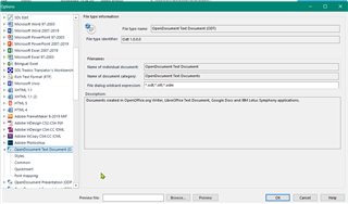Trados Studio file type settings window showing support for LibreOffice but indicating limitations without MS Word for preview and bilingual review files.