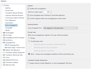 Screenshot of Trados Studio's Auto-propagation settings window showing options such as 'Enable Auto-propagation', 'Minimum match value', and 'Auto-propagate exact matches to confirmed segments'. The 'Starting Position' is set to 'First segment in the document'.