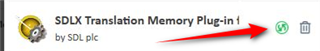 Screenshot showing SDLX Translation Memory Plug-in with a red arrow pointing to an update notification icon.