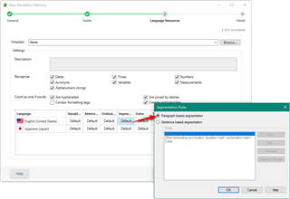Trados Studio 2021 screenshot displaying a New Translation Memory setup with a warning message about Segmentation Rules, stating 'Cannot load segmentation rules'.