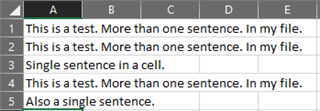 Excel file with multiple sentences in cells A1, A2, and A4, and single sentences in cells A3 and A5.