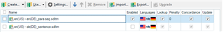 Trados Studio project settings with sentence-based TM disabled and paragraph-based TM enabled.