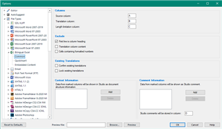 Trados Studio options menu showing setup for Bilingual Excel filetype with specific columns designated for source and target text.