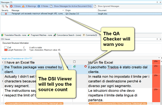 Trados Studio translation interface with a warning from the QA Checker about the source count.
