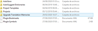 Screenshot of Trados Studio 2019 file directory showing folders such as AutoSave, AutoSuggest Dictionaries, Project Templates, Projects, and Upgrade Translation Memories, along with XML documents for Plugin.Bookmarks and Plugin.Symbols.