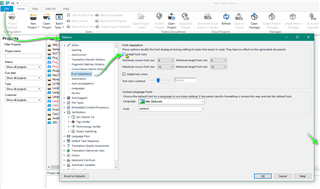 Trados Studio screenshot showing the File Options menu with Editor selected. A sub-menu for Font Adaptation is open with options for Minimum font size and Maximum font size. A green arrow points to the OK button.