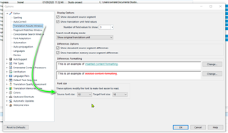 Trados Studio settings window showing options to modify font size in the Translation Results Window with a green arrow pointing to the font size dropdown menu.