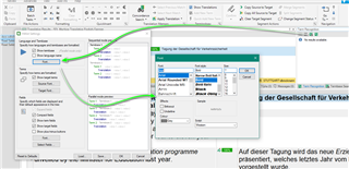 Trados Studio interface with a green arrow pointing to the Term Recognition Window settings icon and a font size adjustment dialog box open in front of a document with German text.