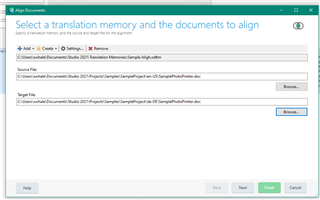 Trados Studio Align Documents window showing options to select a translation memory and the documents to align with 'Next' button enabled.