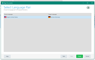 Trados Studio Select Language Pair window displaying 'English (United States)' as the source language and 'German (Germany)' as the target language with 'Finish' button enabled.