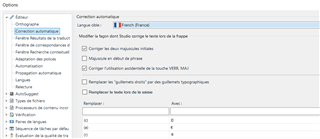 Trados Studio 2021 options menu with 'Correction automatique' tab open showing settings for automatic correction in French.
