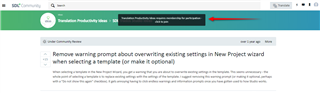 Trados Studio webpage with a green notification bar at the top indicating 'Translation Productivity Ideas - Your idea has been submitted to production.' with an arrow pointing to 'click to join' link.