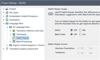 Trados Studio Project Settings window showing Match Repair option under Translation Memory and Automated Translation with options to turn it on or off for Editor and Batch Tasks.