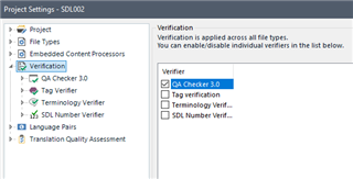 Trados Studio Project Settings window showing Verification options with QA Checker 3.0 and Tag Verifier selected.