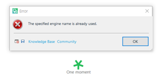 Error dialog box in Trados Studio 2019 displaying message 'The specified engine name is already used' with an OK button, and links to Knowledge Base and Community.