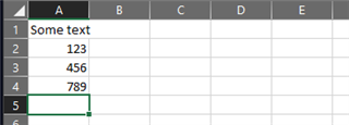 Excel spreadsheet with cells A1 displaying 'Some text', and cells A2 to A4 displaying numbers '123', '456', '789' respectively.