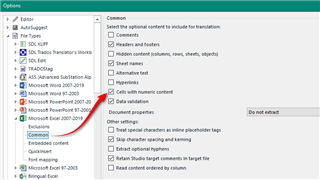 Trados Studio options menu showing the default monolingual Excel filetype with an option to include cells with numeric content.