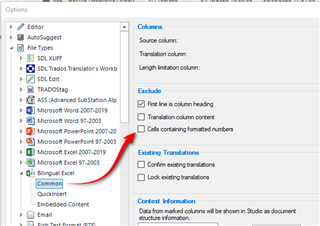 Trados Studio options menu showing the bilingual Excel filetype with an option to exclude cells containing formatted numbers.
