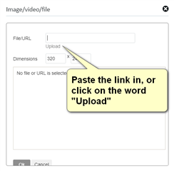 Close-up of an 'Imagevideofile' upload dialog box with an arrow pointing to the 'Upload' button and a note to paste the link or click 'Upload'.