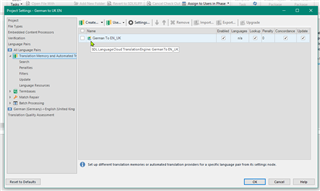 Trados Studio 2021 Project Settings window showing Language Pairs tab with a warning message about different translation memories or automated translation providers for a specific language pair.