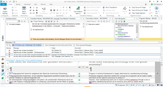 Trados Studio 2017 interface with an error message in the bottom status bar reading 'Failed to retrieve translation.' and a warning icon next to the segment being translated.