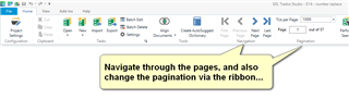 Screenshot of Trados Studio interface with a tooltip suggesting to navigate through the pages and change the pagination via the ribbon.