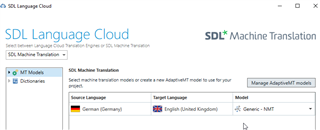 Screenshot of SDL Language Cloud settings in Trados Studio with a selected machine translation model for German to English.