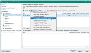 Trados Studio project settings window showing 'SDL Language Cloud Machine Translation provider' selected in the list.