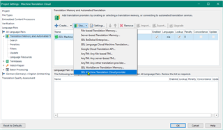 Trados Studio project settings window with 'SDL Machine Translation Cloud provider' highlighted and selected.