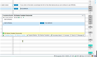 Trados Studio translation workspace with 'SDL Machine Translation Cloud provider' displayed in the translation results pane.