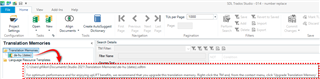 Screenshot of Trados Studio showing Translation Memories view with a red error message indicating a discrepancy in the number of pages in the TM.
