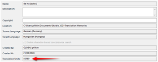 Screenshot of Trados Studio TM properties window displaying the location and number of Translation Units (56160 TUs) in the TM.