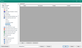 Trados Studio screenshot showing the File Types options menu with a list of different file types such as DOCX, XLSX, PPTX, and others.