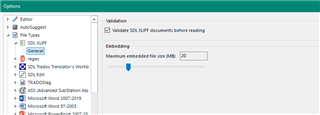 Trados Studio settings window showing the 'Embedding' section with 'Maximum embedded file size MB' set to 20.