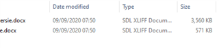 File explorer showing two SDL XLIFF documents, one named 'serie.docx' with a size of 3,560 KB and another unnamed with a size of 571 KB, both last modified on 09092020 at 07:50.