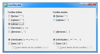 Screenshot of AutoHotkey macro interface with options for different quotation marks including double, single, English, French, German, and individual ones with checkboxes.
