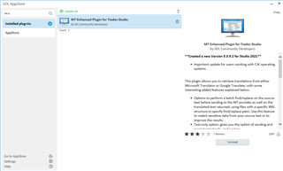 SDL AppStore page showing MT Enhanced Plugin for Trados Studio with an option to download.