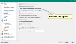 Trados Studio automation settings with an arrow pointing to an unchecked option labeled 'Apply automated translation when no TM matches found'.