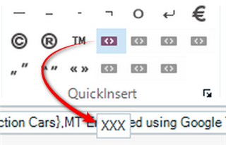 Trados Studio screenshot highlighting a new QuickInsert button with a changed color and a tooltip visible upon hovering.