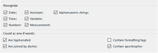 Trados Studio TM recognition settings with options for recognizing dates, times, numbers, variables, measurements, and alphanumeric strings.